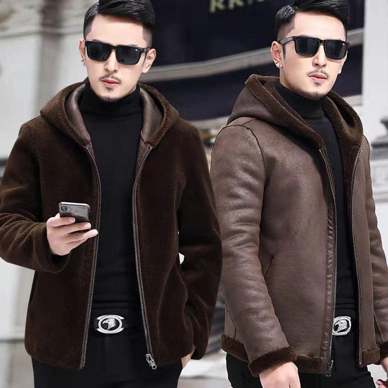 ezy2find mens leather jackets Coffee / L Sheep shearing jacket male double-sided