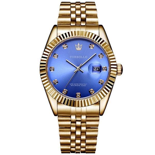 ezy2find mens watches gold blue New Quartz Watch Men Gold Date Steel Band 3ATM Waterproof Mens Wrist Watch With original box