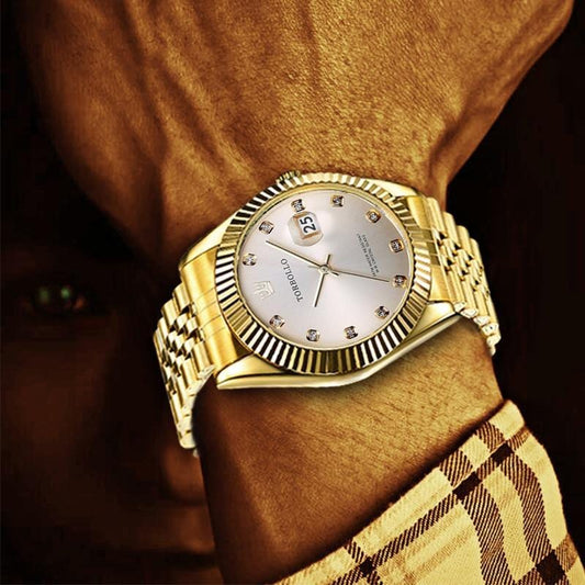 ezy2find mens watches New Quartz Watch Men Gold Date Steel Band 3ATM Waterproof Mens Wrist Watch With original box