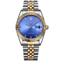 ezy2find mens watches silver gold blue New Quartz Watch Men Gold Date Steel Band 3ATM Waterproof Mens Wrist Watch With original box