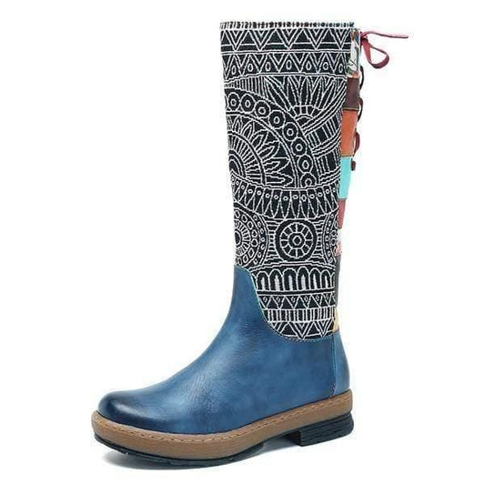 ezy2find Motorcycle Boots Blue / 38 Vintage Mid-calf Boots Women Shoes Bohemian Retro Genuine Leather Motorcycle Boots Printed Side Zipper Back Lace Up Botas