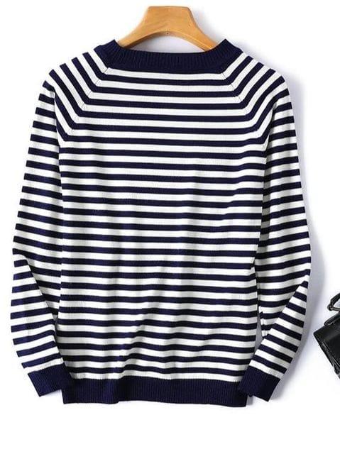 ezy2find Navy Neck / M 2022 Autumn Winter Long Sleeve Striped Pullover Women Sweater Knitted Sweaters O-Neck Tops Korean Pull Femme Jumper Female White