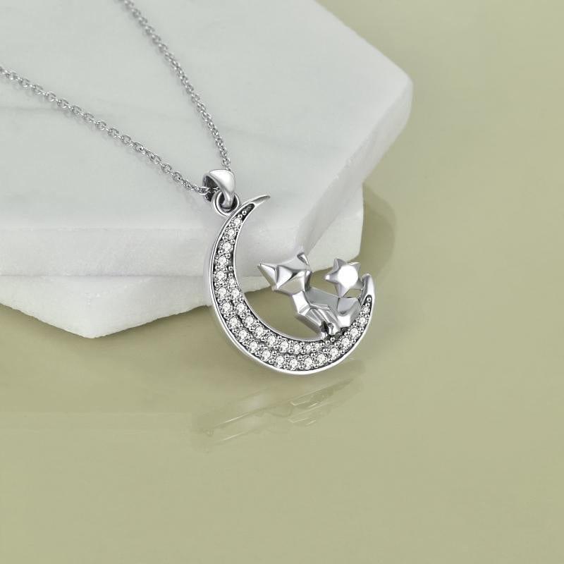 ezy2find necklace Retro Silver / 1.19inch*0.73inch 925 Sterling Silver Cute Origami Cat on The Moon Necklaces Pendant Gifts for Women