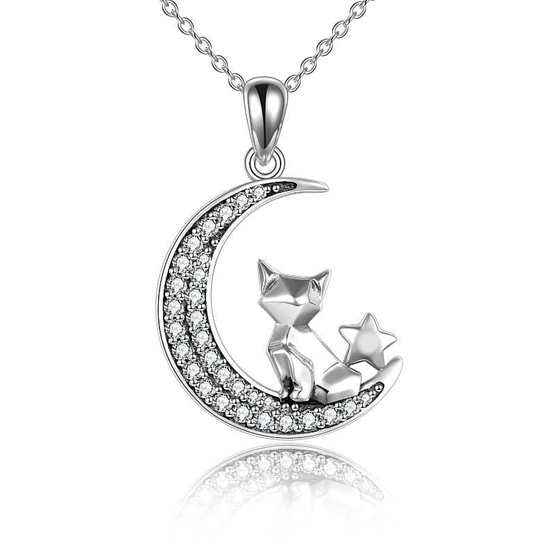 ezy2find necklace Retro Silver / 1.19inch*0.73inch 925 Sterling Silver Cute Origami Cat on The Moon Necklaces Pendant Gifts for Women