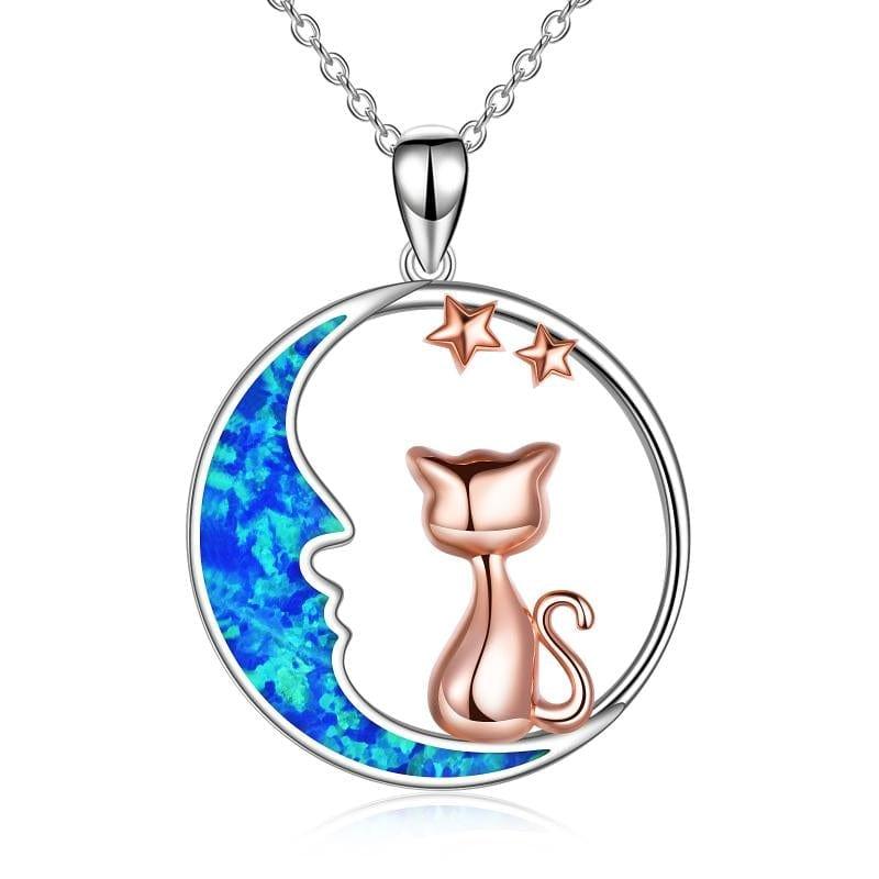 ezy2find necklace silver / 20*20mm Cat on the Blue Opal Moon Necklace 925 Sterling Silver for Women Girls Daughter