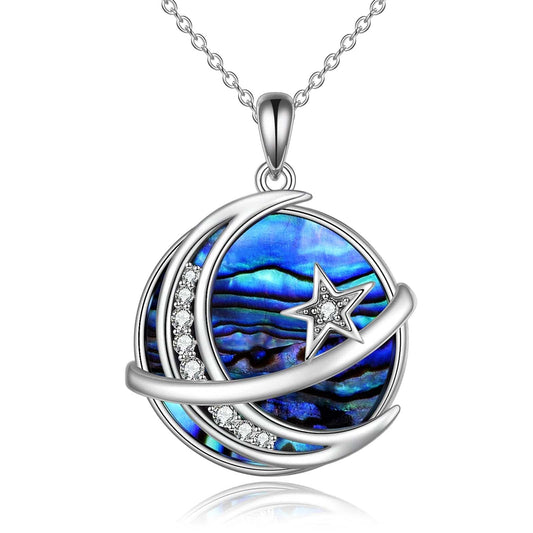 ezy2find necklace Silver / 22*22 MM Star Moon Necklace Sterling Silver Galaxy Space Saturn Pendant Abalone Shell Jewelry