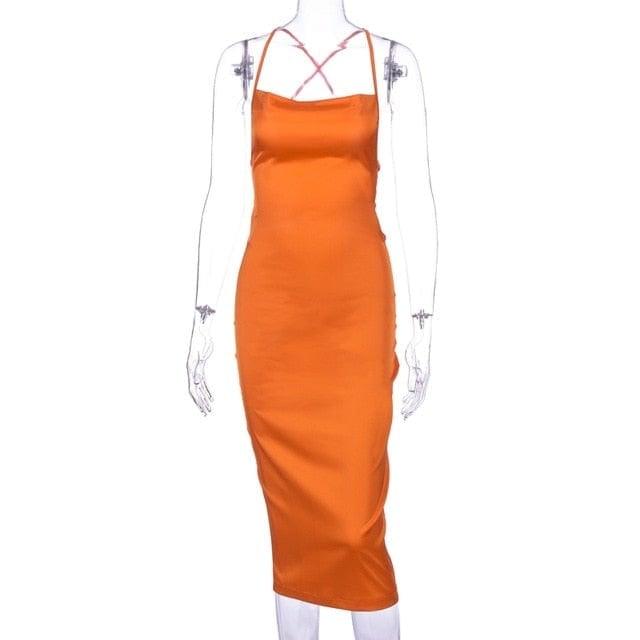 ezy2find Orange / S Dulzura neon satin lace up 2022 summer women bodycon long midi dress sleeveless backless elegant party outfits sexy club clothes