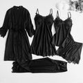 ezy2find pajamas Black Set - B / L Gray 5PCS Nightgown Set Women Lace Nightwear V-Neck Pajamas Suit Homewear Spring Sleepwear Robe Gown Sleep Wear Pijama Negligee