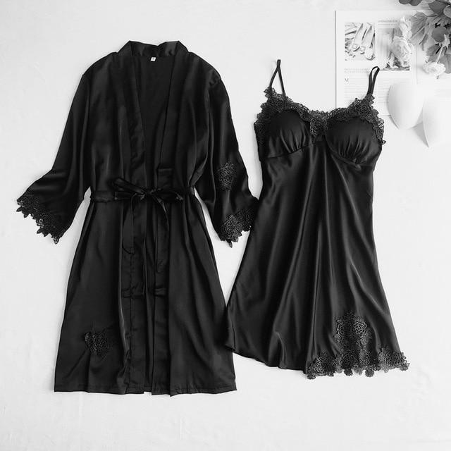 ezy2find pajamas Black Set - C / XXL Gray 5PCS Nightgown Set Women Lace Nightwear V-Neck Pajamas Suit Homewear Spring Sleepwear Robe Gown Sleep Wear Pijama Negligee
