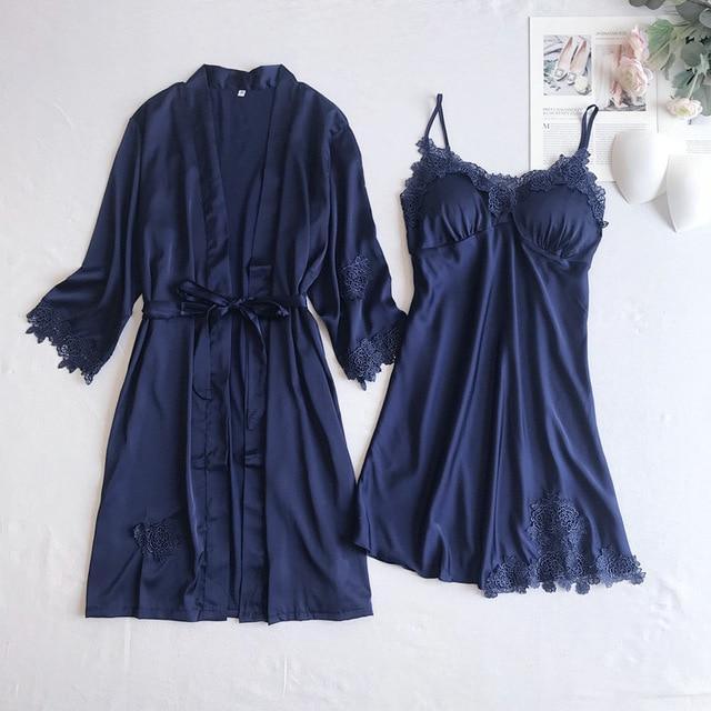 ezy2find pajamas Navy Blue Set - C / L Gray 5PCS Nightgown Set Women Lace Nightwear V-Neck Pajamas Suit Homewear Spring Sleepwear Robe Gown Sleep Wear Pijama Negligee