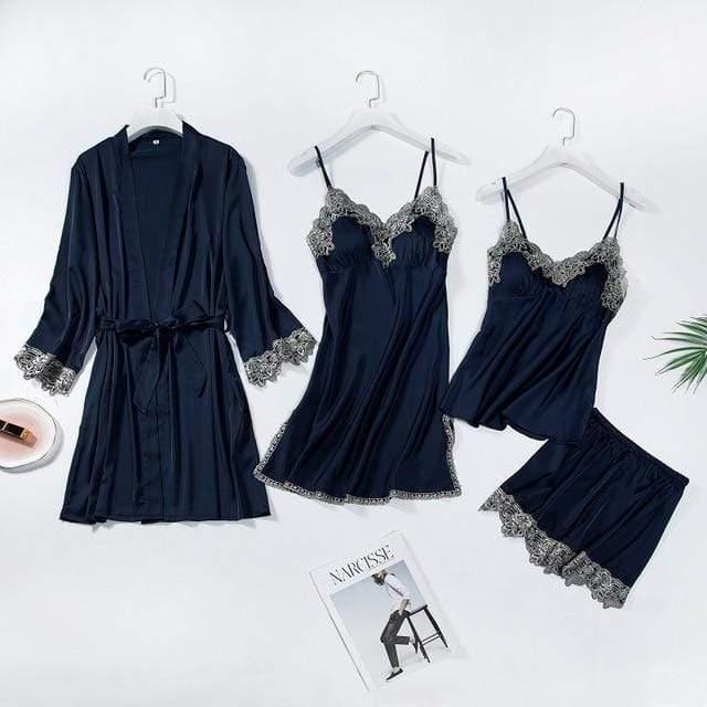 ezy2find pajamas Navy Blue Set - FR / L Gray 5PCS Nightgown Set Women Lace Nightwear V-Neck Pajamas Suit Homewear Spring Sleepwear Robe Gown Sleep Wear Pijama Negligee