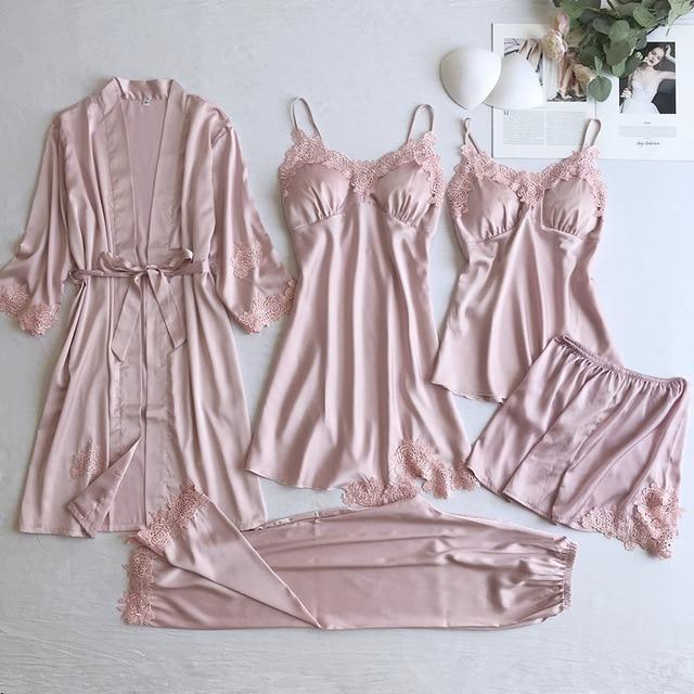 ezy2find pajamas Pink Set - B / L Gray 5PCS Nightgown Set Women Lace Nightwear V-Neck Pajamas Suit Homewear Spring Sleepwear Robe Gown Sleep Wear Pijama Negligee