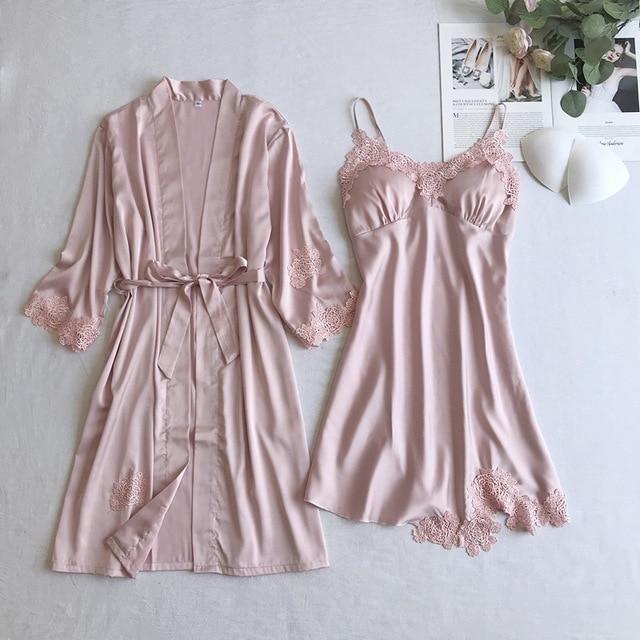 ezy2find pajamas Pink Set - C / XXL Gray 5PCS Nightgown Set Women Lace Nightwear V-Neck Pajamas Suit Homewear Spring Sleepwear Robe Gown Sleep Wear Pijama Negligee