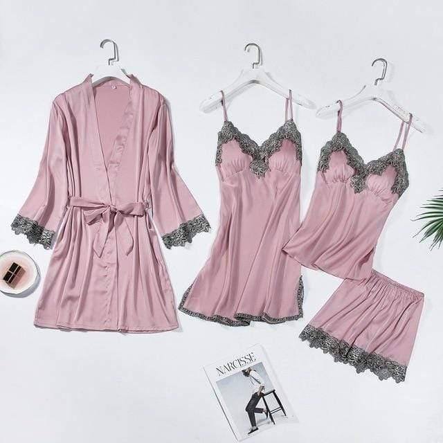 ezy2find pajamas Pink Set - FR / L Gray 5PCS Nightgown Set Women Lace Nightwear V-Neck Pajamas Suit Homewear Spring Sleepwear Robe Gown Sleep Wear Pijama Negligee