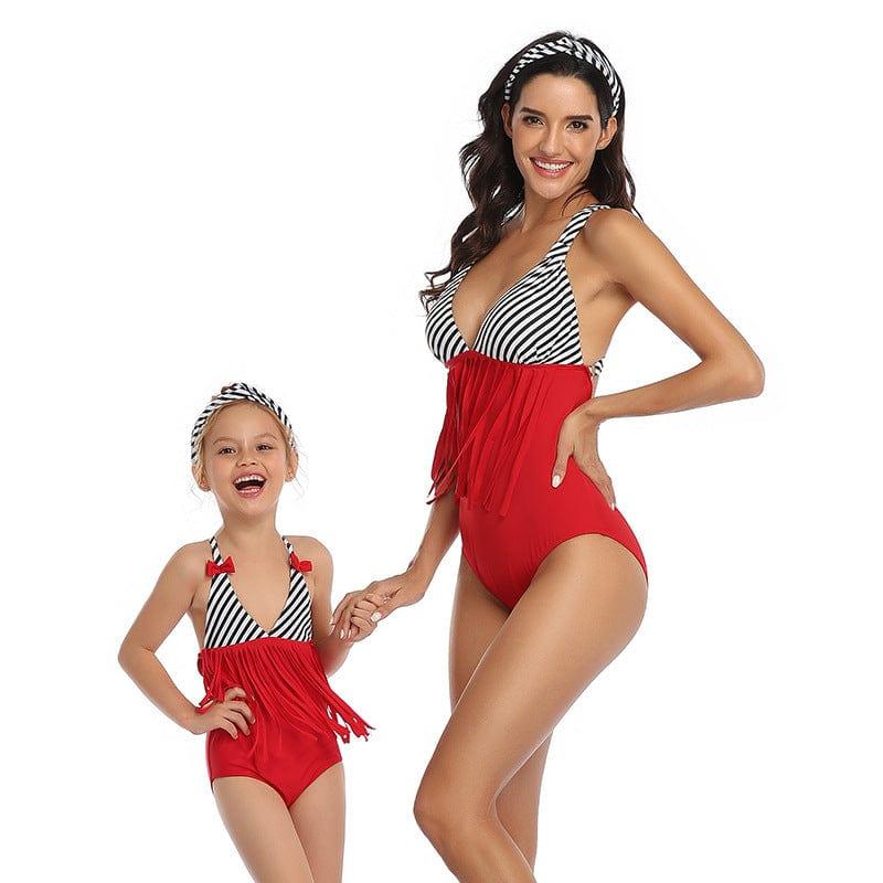 ezy2find Perant child swinwear Red / 152 Parent-child swimsuit fringed one-piece swimsuit