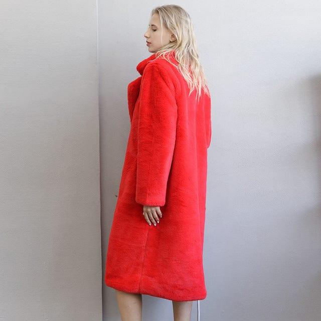 ezy2find red / L 2021 New Women Winter Warm Faux Fur Coat Thick Women Long Coat Turn Down Collar Women Warm Coat Casaco Feminino