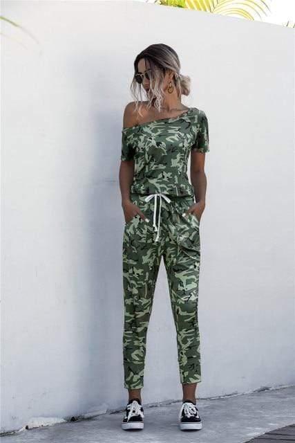 ezy2find S / Army Green Fashion Women Summer Solid Color Jumpsuits Drawstring Design Pockets Decor Oblique Collar Short Sleeve Mid Waist Slim Jumpsuits