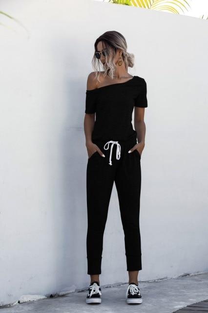 ezy2find S / BLACK Fashion Women Summer Solid Color Jumpsuits Drawstring Design Pockets Decor Oblique Collar Short Sleeve Mid Waist Slim Jumpsuits