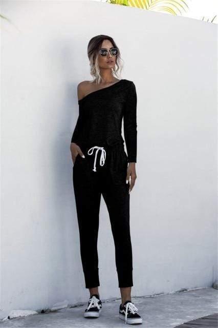 ezy2find S / Black Fashion Women Summer Solid Color Jumpsuits Drawstring Design Pockets Decor Oblique Collar Short Sleeve Mid Waist Slim Jumpsuits