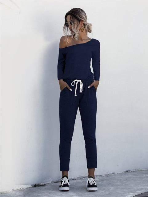 ezy2find S / Dark Blue 2 Fashion Women Summer Solid Color Jumpsuits Drawstring Design Pockets Decor Oblique Collar Short Sleeve Mid Waist Slim Jumpsuits
