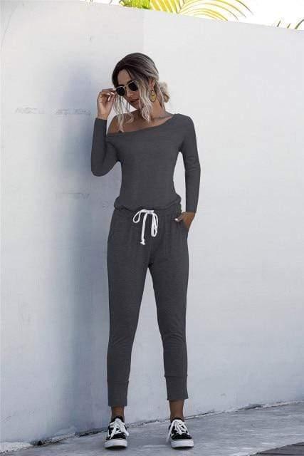 ezy2find S / Dark Gray Fashion Women Summer Solid Color Jumpsuits Drawstring Design Pockets Decor Oblique Collar Short Sleeve Mid Waist Slim Jumpsuits