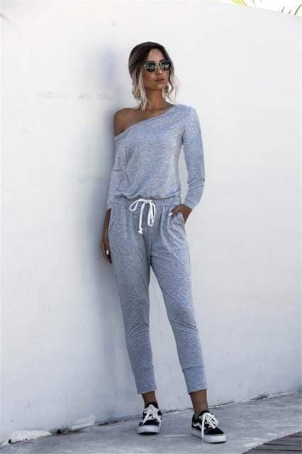 ezy2find S / Gray Fashion Women Summer Solid Color Jumpsuits Drawstring Design Pockets Decor Oblique Collar Short Sleeve Mid Waist Slim Jumpsuits