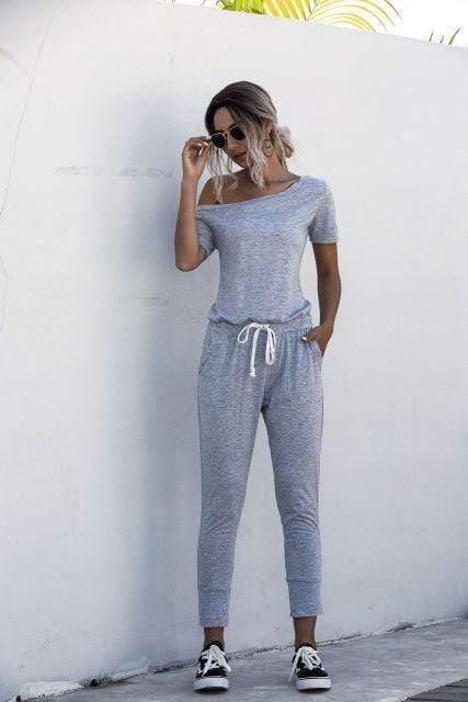 ezy2find S / Light Grey Fashion Women Summer Solid Color Jumpsuits Drawstring Design Pockets Decor Oblique Collar Short Sleeve Mid Waist Slim Jumpsuits