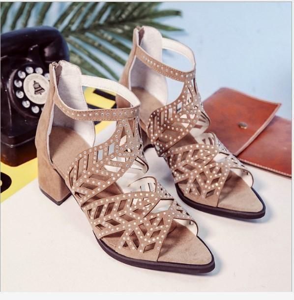 ezy2find sandles 40 / Beige New Korean version of hollow rhinestone fish mouth sandals thick with high heel women's shoes sandals