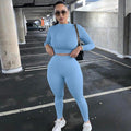 ezy2find sky blue / XL Two Piece Sets Women Solid Autumn Tracksuits High Waist Stretchy Sportswear Hot Crop Tops And Leggings Matching Outfits
