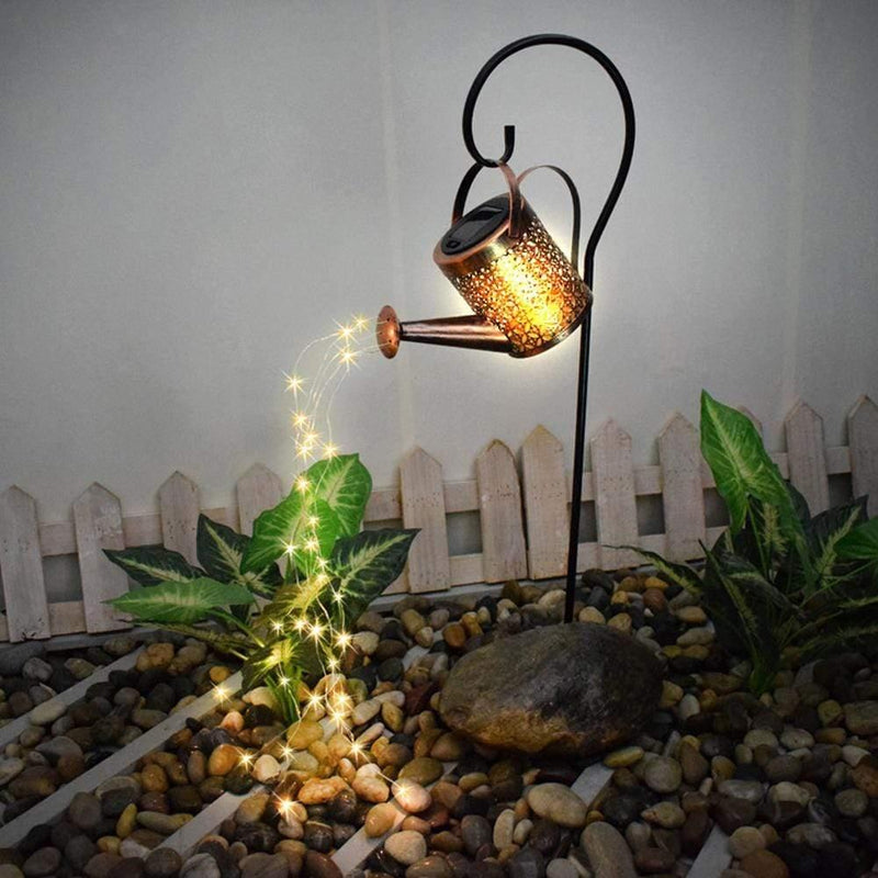 ezy2find solar Outdoor Solar Watering Can Ornament Lamp Garden Art Light Decoration Hollow-out Iron Shower LED Lights