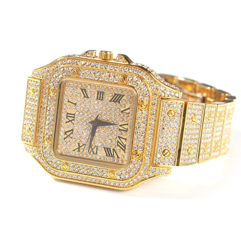 ezy2find square watch gold Hip Hop Full Iced Out Full Drill Men Square Watches Stainless Steel Fashion Luxury Rhinestones Quartz Square Business Watch