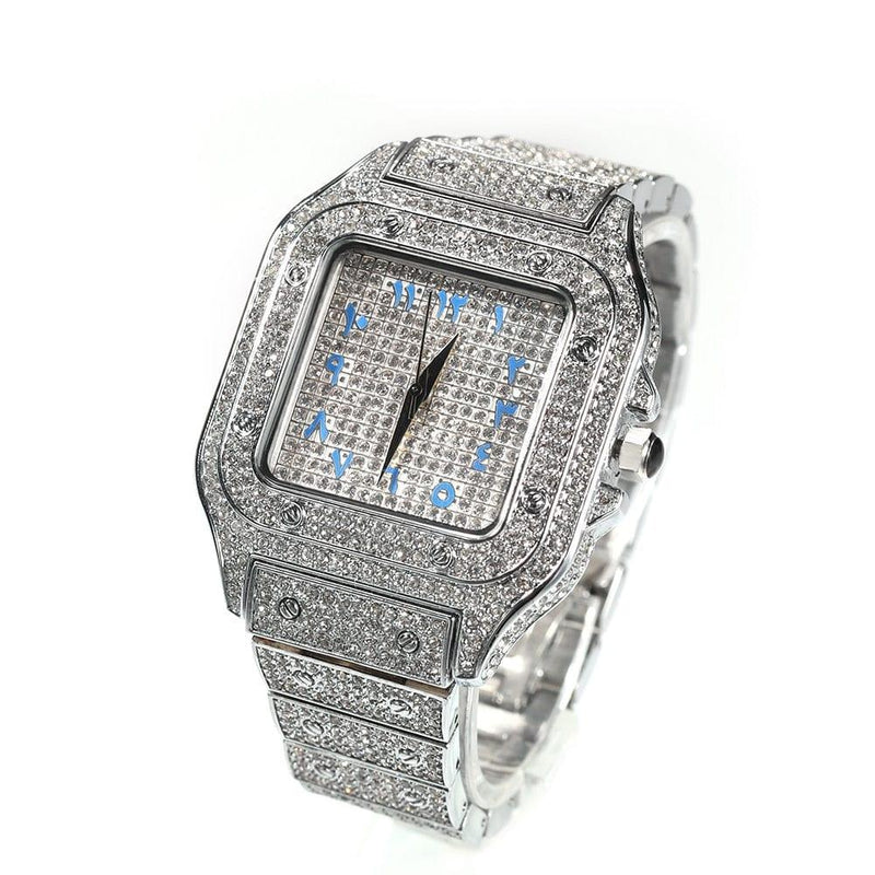 ezy2find square watch silver blue Arabic Hip Hop Full Iced Out Full Drill Men Square Watches Stainless Steel Fashion Luxury Rhinestones Quartz Square Business Watch