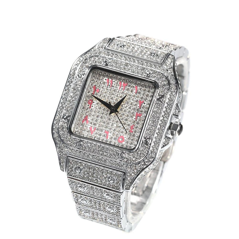 ezy2find square watch silver pink Arabic Hip Hop Full Iced Out Full Drill Men Square Watches Stainless Steel Fashion Luxury Rhinestones Quartz Square Business Watch