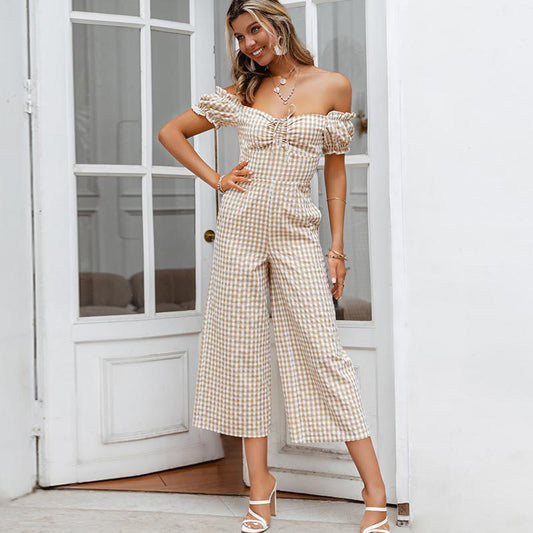 ezy2find summer jumpsuits As shown / M Plaid Off-shoulder Lace-Up Casual Summer Jumpsuit Women Ruffle Lantern Sleeve Office Playsuit Spring Pockets Jumpsuits