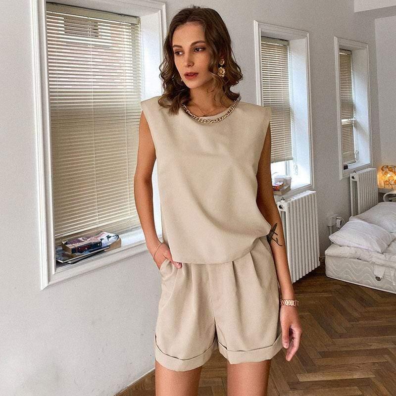 ezy2find summer New Skirt 2-piece Set Beige / S Women Fashion Casual Lady 2 Piece Set Summer Suit Solid Sleeveless O-neck Tops High Waist Button Straight Female Shorts Suits