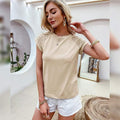 ezy2find summer tops Beige / M Women O-Neck Top Summer Casual Solid Color Stitching Short Sleeved Tshirt Elegant Office Loose Hollow Out Clothes