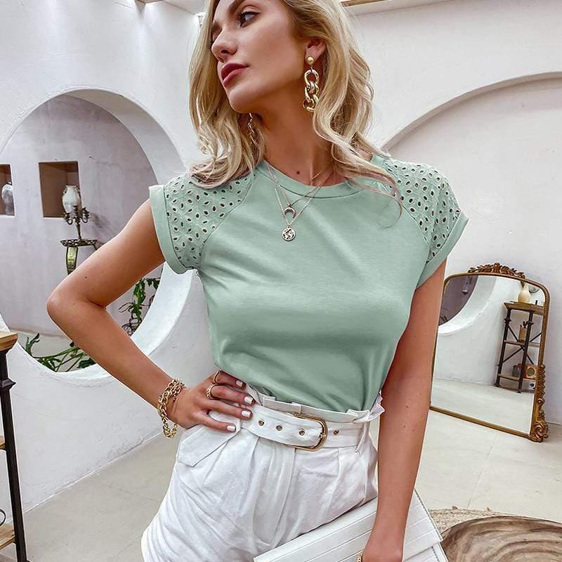 ezy2find summer tops Green / L Women O-Neck Top Summer Casual Solid Color Stitching Short Sleeved Tshirt Elegant Office Loose Hollow Out Clothes