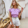 ezy2find summer tops Purple / M Women O-Neck Top Summer Casual Solid Color Stitching Short Sleeved Tshirt Elegant Office Loose Hollow Out Clothes