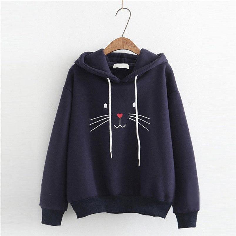 ezy2find sweater Tibetan green color / XL Autumn and winter sweater female student cute cat print hoodie