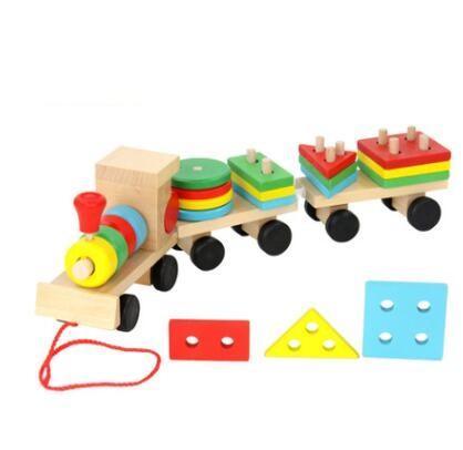ezy2find toys Pictured Young Delle drag three small trains wooden puzzle disassembly nut combination shape matching early education toys