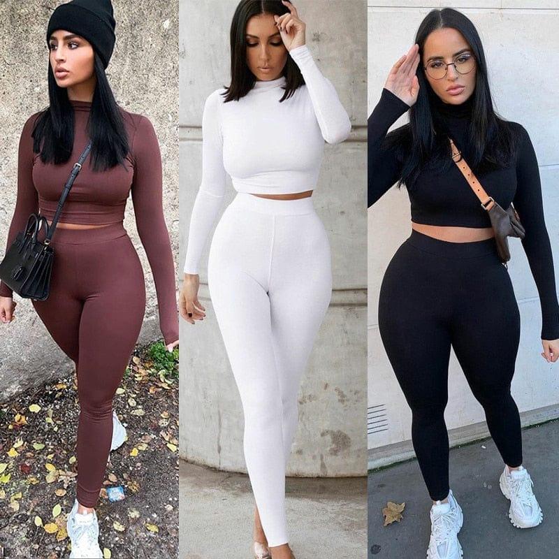 ezy2find Two Piece Sets Women Solid Autumn Tracksuits High Waist Stretchy Sportswear Hot Crop Tops And Leggings Matching Outfits
