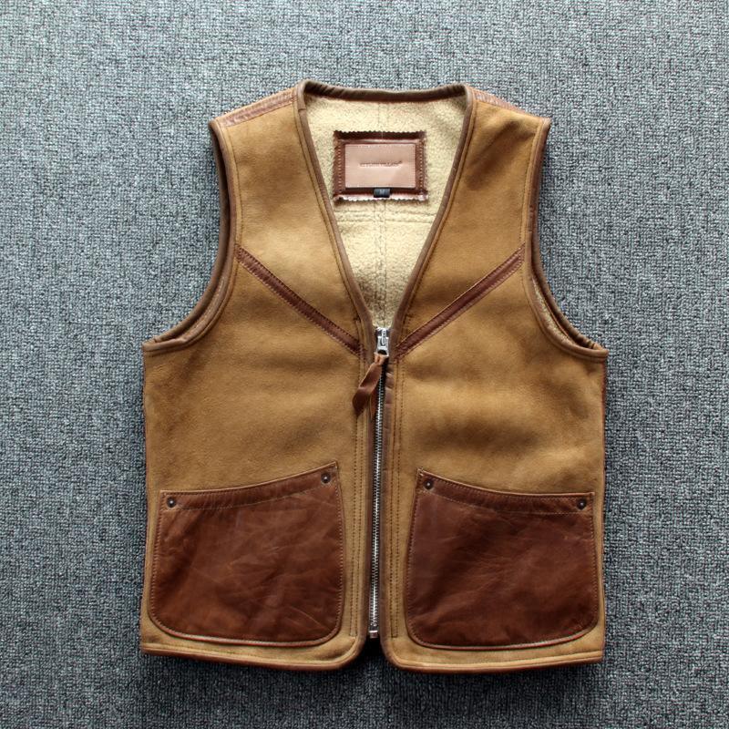 ezy2find vest Khaki / XXL Lamb wool warm leather vest