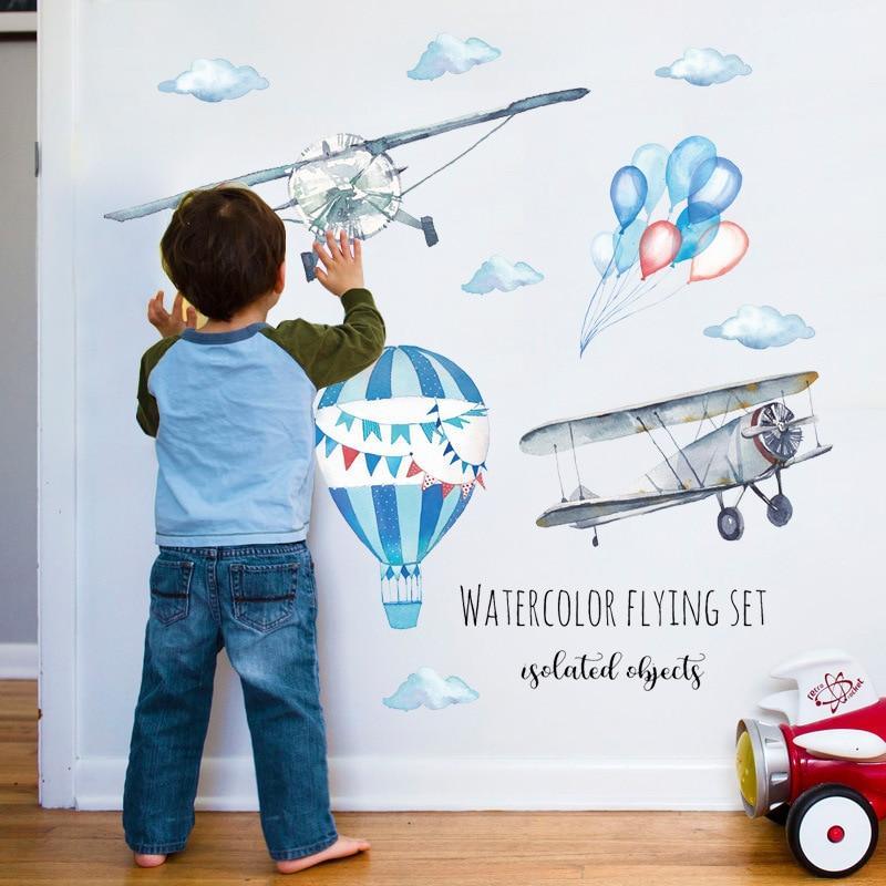 ezy2find wall sticker Watercolor airplane hot air balloon Wall Sticker kids baby rooms home decoration PVC Mural Decals nursery stickers wallpaper