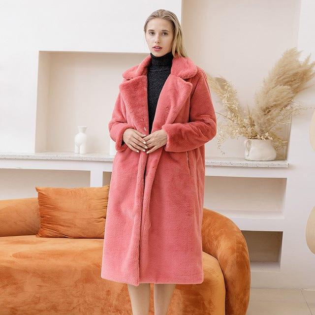 ezy2find watermelon red / S 2021 New Women Winter Warm Faux Fur Coat Thick Women Long Coat Turn Down Collar Women Warm Coat Casaco Feminino