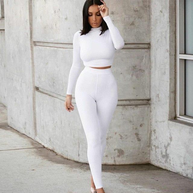 ezy2find white / M Two Piece Sets Women Solid Autumn Tracksuits High Waist Stretchy Sportswear Hot Crop Tops And Leggings Matching Outfits