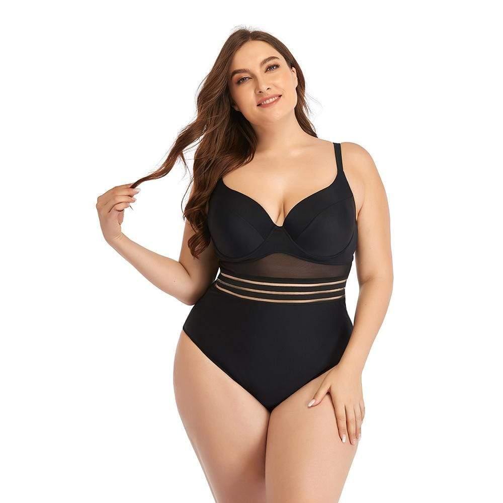 ezy2find Women's Bathers Black / 2XL Large Size Swimsuit Women's One-Piece Plus Fat Mesh Hollow Plain Color