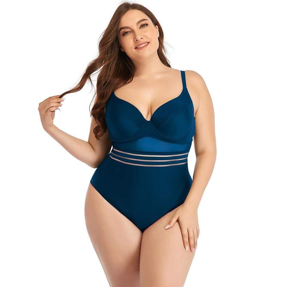 ezy2find Women's Bathers Blue / 2XL Large Size Swimsuit Women's One-Piece Plus Mesh Hollow Plain Color