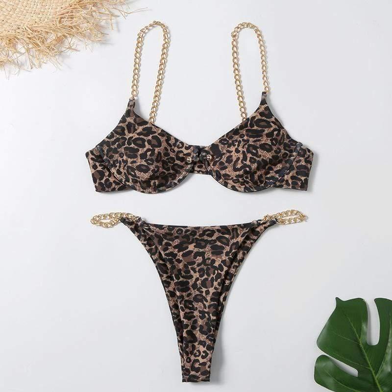 ezy2find Women's Bathers Leopard / XS Women's Sexy Split Chain Solid Color Halter Strap Bikini Swimsuit Two Piece Swimwear Beachwear