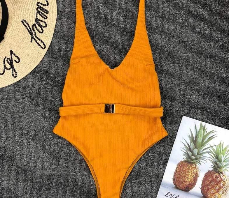 ezy2find Women's Bathers Orange / S Women'S One-Piece Swimsuit European And American Solid Color Special Fabric Belt Buckle One-Piece Bikini