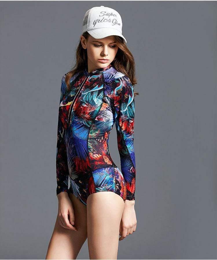 ezy2find Women's Bathers Purple / M Women's Fashion Element Color Printing Fashion Racing Long-Sleeved Triangle One-Piece Swimsuit